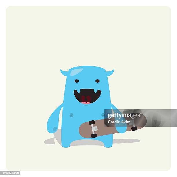 cute blue vector character happy with a skateboard - staring wheel stock illustrations