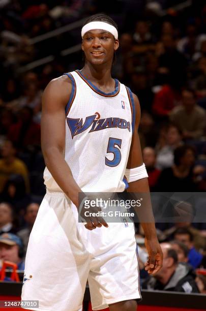 Kwame Brown of the Washington Wizards plays against the New Orleans Hornets on February 1, 2003 at the MCI Center in Washington, DC. NOTE TO USER:...