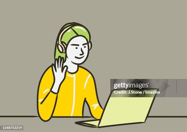 woman video calling through laptop in quarantine - asian using laptop front view stock illustrations