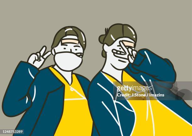 ilustrações, clipart, desenhos animados e ícones de nurses with band aid on forehead and mask showing v sign - peace sign