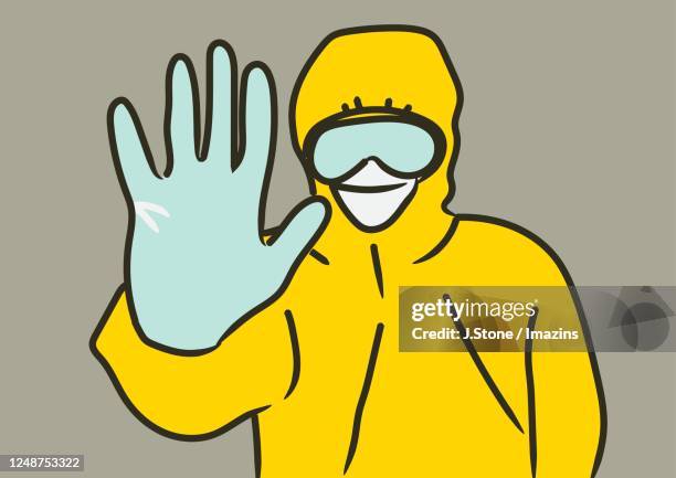 person wearing protective clothes and goggle and showing hand - avoid touching stock illustrations