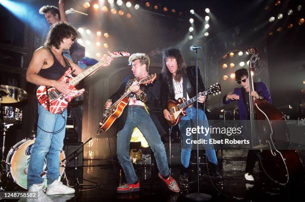 Eddie Van Halen, the Stray Cats and Richie Sambora of Bon Jovi performing at the Les Paul Tribute Concert at the Brooklyn Academy Of Music in...