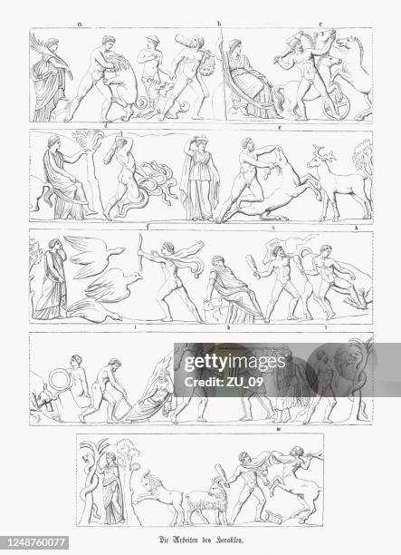 ilustraciones, imágenes clip art, dibujos animados e iconos de stock de los doce trabajos de heracles, grabado en madera, publicado en 1868 - lion-fight-drawing