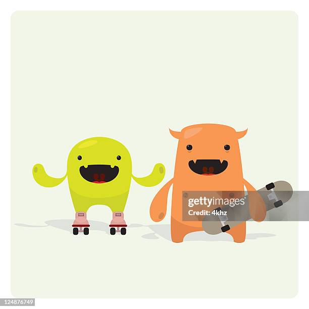 cute funny skater friends vector characters - friends skating stock illustrations