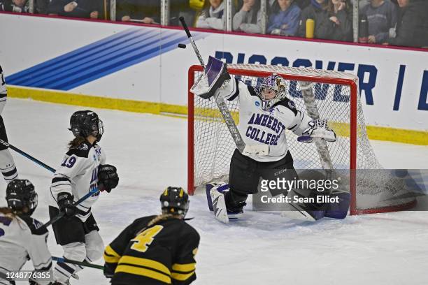Natalie Stott of Amherst College deflects a high shot from Gustavus Adolphus during the Division III Womens Ice Hockey Championship held at Orr Rink...