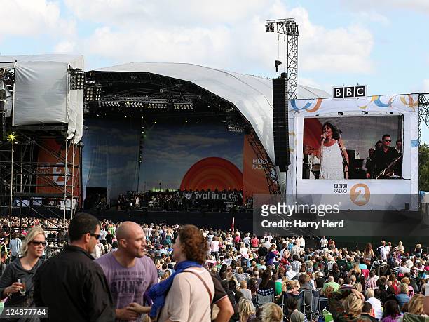 Sandie Shaw performs with Jools Holland's Rhythm and Blues Orchestra at 'Radio 2 Live In Hyde Park' at Hyde Park on September 11, 2011 in London,...
