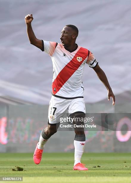 Luis Advincula of Rayo Vallecano celebrates after scoring his team's first goal during the La Liga SmartBank match between Rayo Vallecano and...