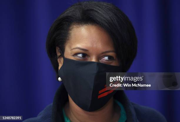 Washington DC Mayor Muriel Bowser attends a press conference at Gonzaga High School June 10, 2020 in Washington, DC. Bowser held the press conference...