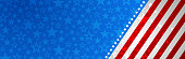 Web banner with elements of the American national flag, red and blue stars. Decorative USA banner suitable for background, headers, posters, cards, website. Vector illustration