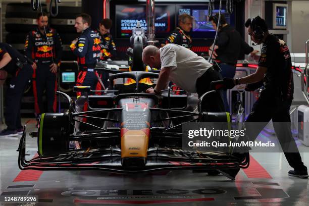 The Oracle Red Bull Racing RB19 of Sergio Perez of Mexico during the F1 Grand Prix of Saudi Arabia at Jeddah Corniche Circuit on March 19, 2023 in...