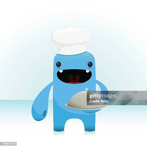 cute vector cook chef character - silver platter stock illustrations