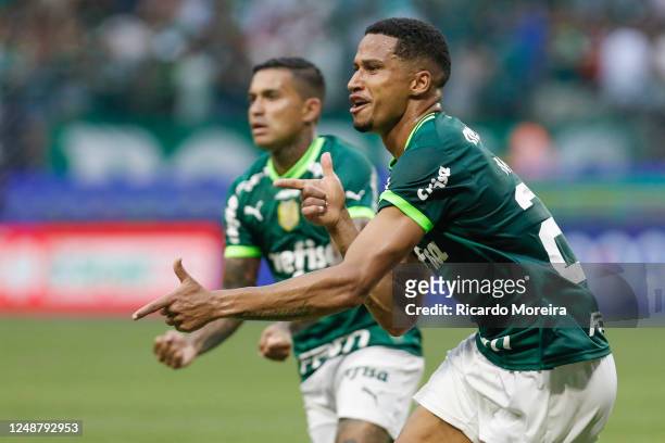 Murilo of Palmeiras celebrates after scoring the team's first goal during a match between Palmeiras and Ituano as part of Semi-finals of Campeonato...
