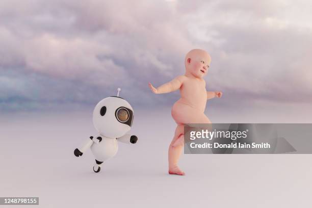 quirky little helper robot with baby - monowheel stockfoto's en -beelden