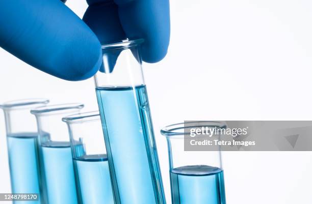 fingers in blue latex glove holding test tube with liquid - blue glove stock pictures, royalty-free photos & images