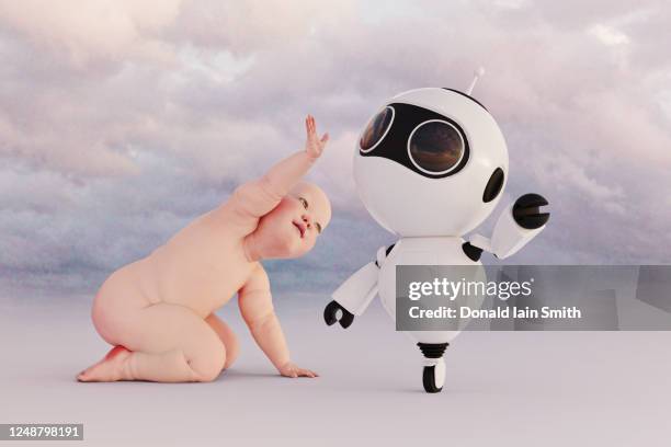 quirky little helper robot with baby - monowheel stockfoto's en -beelden