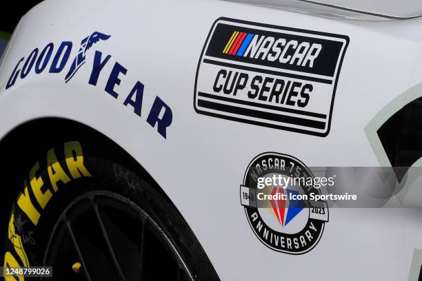 Logos on one of the race cars during the running the NASCAR Cup Series Ambetter Health 400 race on March 19, 2023 at the Atlanta Motor Speedway in...