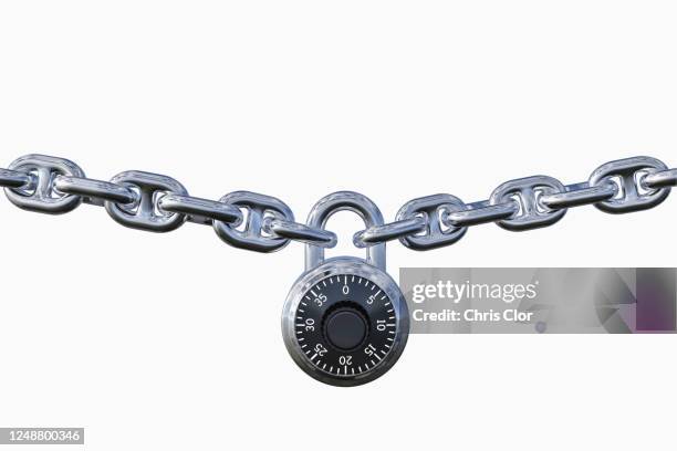 padlock with chain white background - combination lock stock pictures, royalty-free photos & images