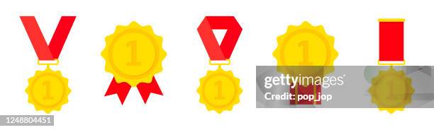 gold medal first place set - vector flat illustration - plinth stock illustrations