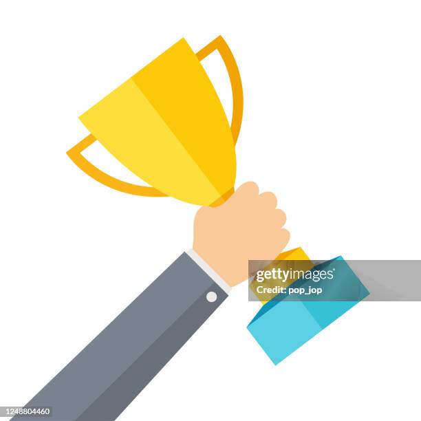 cup trophy award in hand - color illustration stock illustration - winning trophy hands stock illustrations