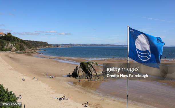 General view of North Beach and Goscar Rock flying the Blue Flag for Cleanliness.on September 13, 2019 in Tenby, Wales, United Kingdom.