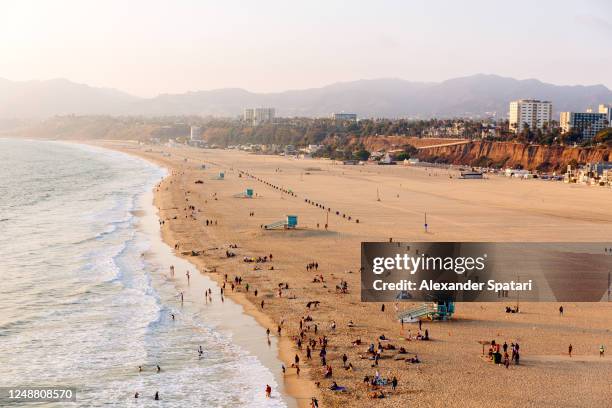 santa monica beach, aerial view, los angeles, california - los angeles county stock pictures, royalty-free photos & images