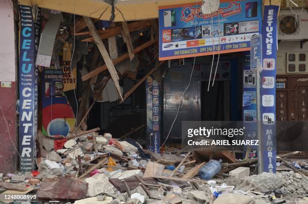 Destroyed building is seen after an earthquake in the city of Machala, Ecuador on March 19, 2023. - The death toll after a 6.5 magnitude earthquake...
