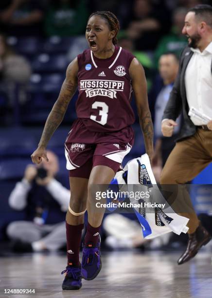 Asianae Johnson of the Mississippi State Bulldogs reacts to scoring points in the game against the Notre Dame Fighting Irish during the second round...