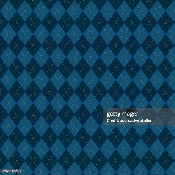 argyle vector pattern. navy blue with thin yellow dotted line - blue tartan stock illustrations