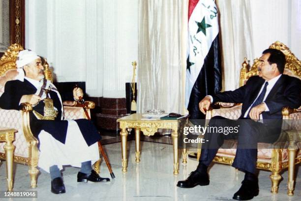 Iraqi President Saddam Hussein meets 04 September 2002 with Yemeni Parliament Speaker Abdullah al-Ahmar in Baghdad, where the Arab Parliamentary...