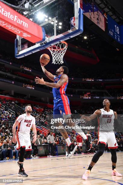Rodney McGruder of the Detroit Pistons shoots the ball during the game against the Miami Heat on March 19, 2023 at Little Caesars Arena in Detroit,...