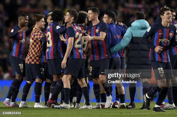 Barcelona's players celebrates after winning during the Spanish League football Match between FC Barcelona vs Real Madrid CF at the Camp Nou stadium...