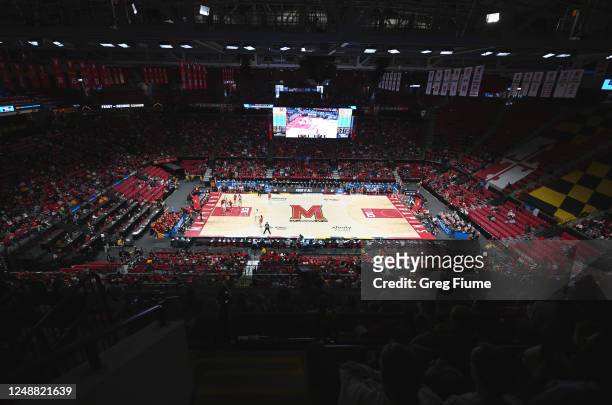 View of the crowded arena during the first half of the second round of the 2023 NCAA Women's Basketball Tournament held at the Xfinity Center on...