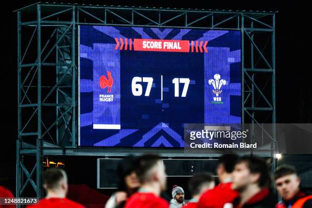 Illustration final score during the Six Nations U20 Championship match between France and Wales at Stade Charles Mathon on March 19, 2023 in Oyonnax,...
