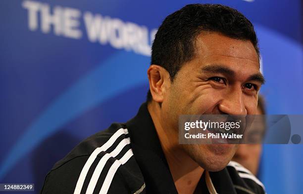 Mils Muliaina of the All Blacks speaks during a New Zealand All Blacks IRB Rugby World Cup 2011 media session at the Novotel Tainui Hotel on...