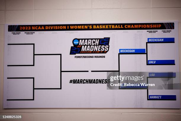 Detailed view of a March Madness bracket during the second round of the 2023 NCAA Women's Basketball Tournament held at the Pete Maravich Assembly...