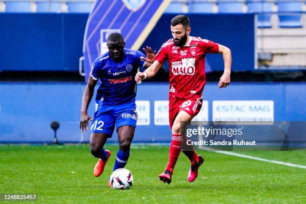 Abdu CONTE of Troyes and Franck HONORAT of Brest during the Ligue... News Photo - Getty Images