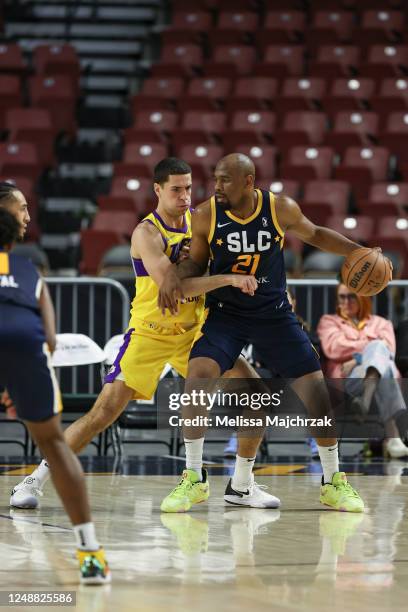 West Valley City, UT Stacy Davis of the Salt Lake City Stars prepares his move against Cole Swider of the South Bay Lakers at Maverik Center on March...