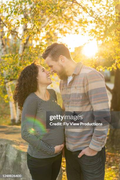 portret van een zwangere vrouw en haar echtgenoot bij zonsondergang - 2 5 maanden stockfoto's en -beelden