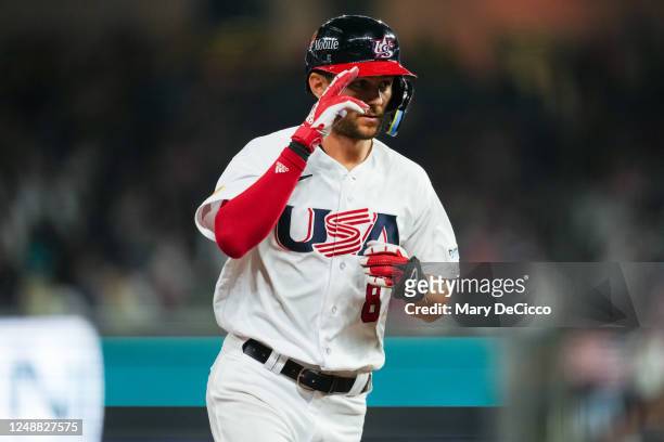 Trea Turner of Team USA rounds third base after hitting a home run in the second inning during the 2023 World Baseball Classic Semifinal game between...