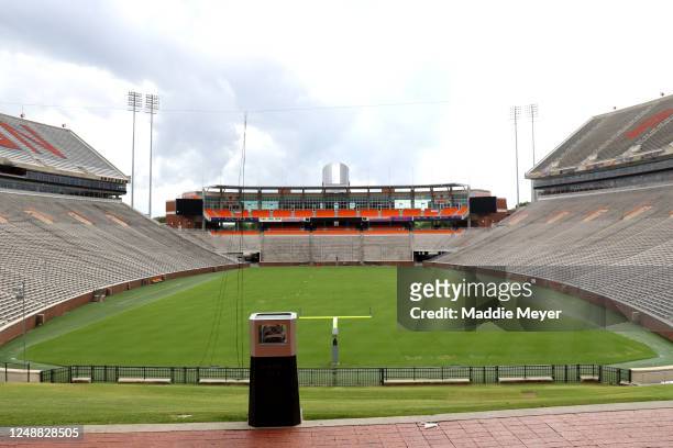 View of Clemson Memorial Stadium on the campus of Clemson University on June 10, 2020 in Clemson, South Carolina. The campus remains open in a...