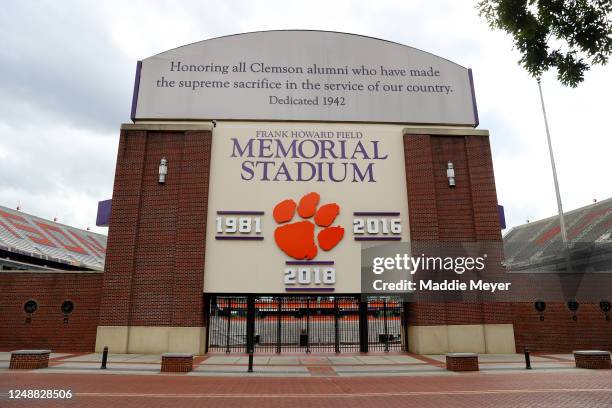 View of Clemson Memorial Stadium on the campus of Clemson University on June 10, 2020 in Clemson, South Carolina. The campus remains open in a...