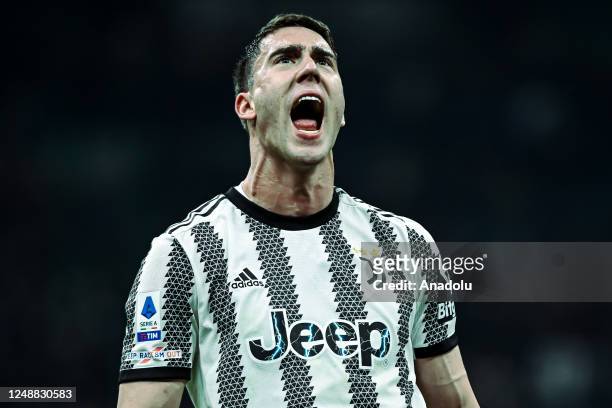Dusan Vlahovic of Juventus celebrates at the end of the Italian Serie A football match FC Internazionale vs Juventus at San Siro Stadium in Milan,...
