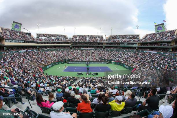 General view of Stadium 1 during the mens final between Carlos Alcaraz and Daniil Medvedev at the BNP Paribas Open on March 19, 2023 at the Indian...