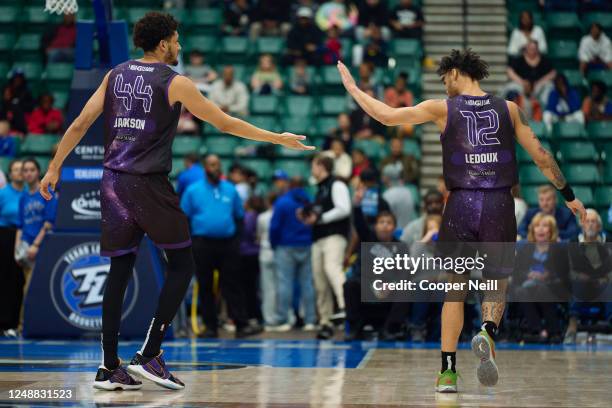 Justin Jackson of the Texas Legends celebrates after a play against the Oklahoma City Blue on March 19, 2023 at Comerica Center in Frisco, Texas....