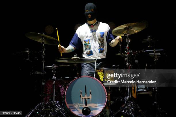 Drummer Josh Dun of Twenty One Pilots performs during the closing day of Lollapalooza Chile 2023 at Parque Cerrillos on March 19, 2023 in Santiago,...