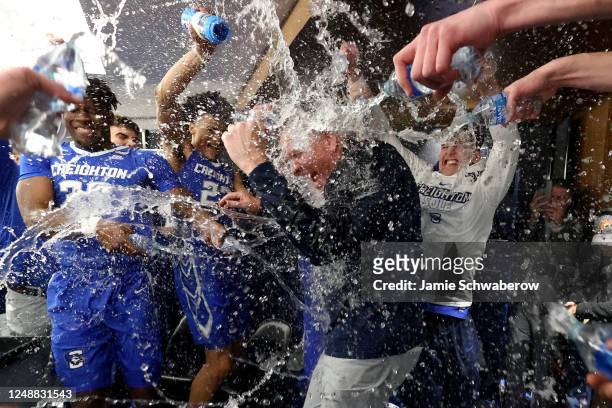 Head coach Greg McDermott of the Creighton Bluejays celebrates after defeating the Baylor Bears during the second round of the 2023 NCAA Men's...