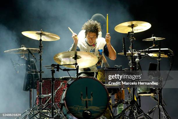 Drummer Josh Dun of Twenty One Pilots performs during the closing day of Lollapalooza Chile 2023 at Parque Cerrillos on March 19, 2023 in Santiago,...