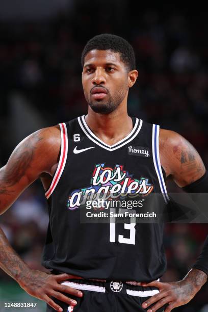 Paul George of the LA Clippers looks on during the game against the Portland Trail Blazers on March 19, 2023 at the Moda Center Arena in Portland,...