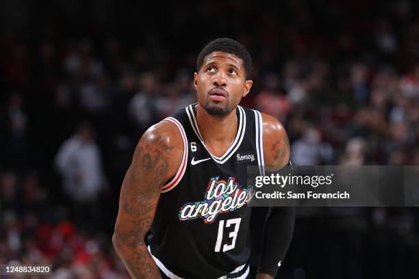 Paul George of the LA Clippers looks on during the game against the Portland Trail Blazers on March 19, 2023 at the Moda Center Arena in Portland,...