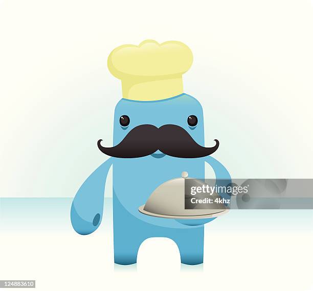 cute chef character with bold moustache - silver platter stock illustrations